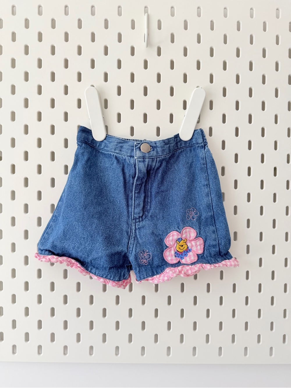 Vintage 90s Pooh Denim Shorts with Pink Flower Trim 6/12M